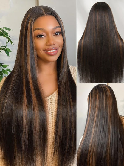 Sunber 7x5 Pre Cut Golden Brown Highlights Yaki Straight Lace Closure Wig With Invisi Drawstring