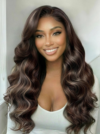 Sunber 7x5 Pre Cut Dark Brown Chocolate Highlights Lace Part Wig With Side Part Soft Glam Waves