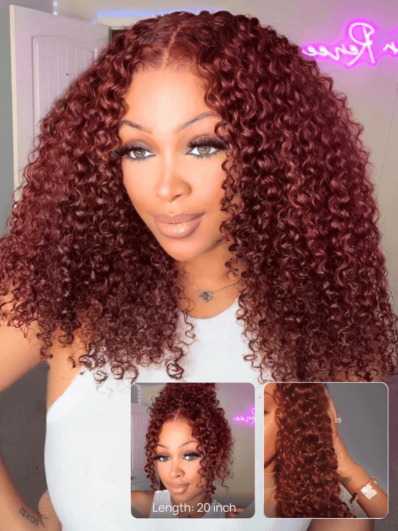 Sunber 7×5 Pre Cut Lace Reddish Brown Jerry Curly Bye Bye Knots Wig With Invisi Drawstring