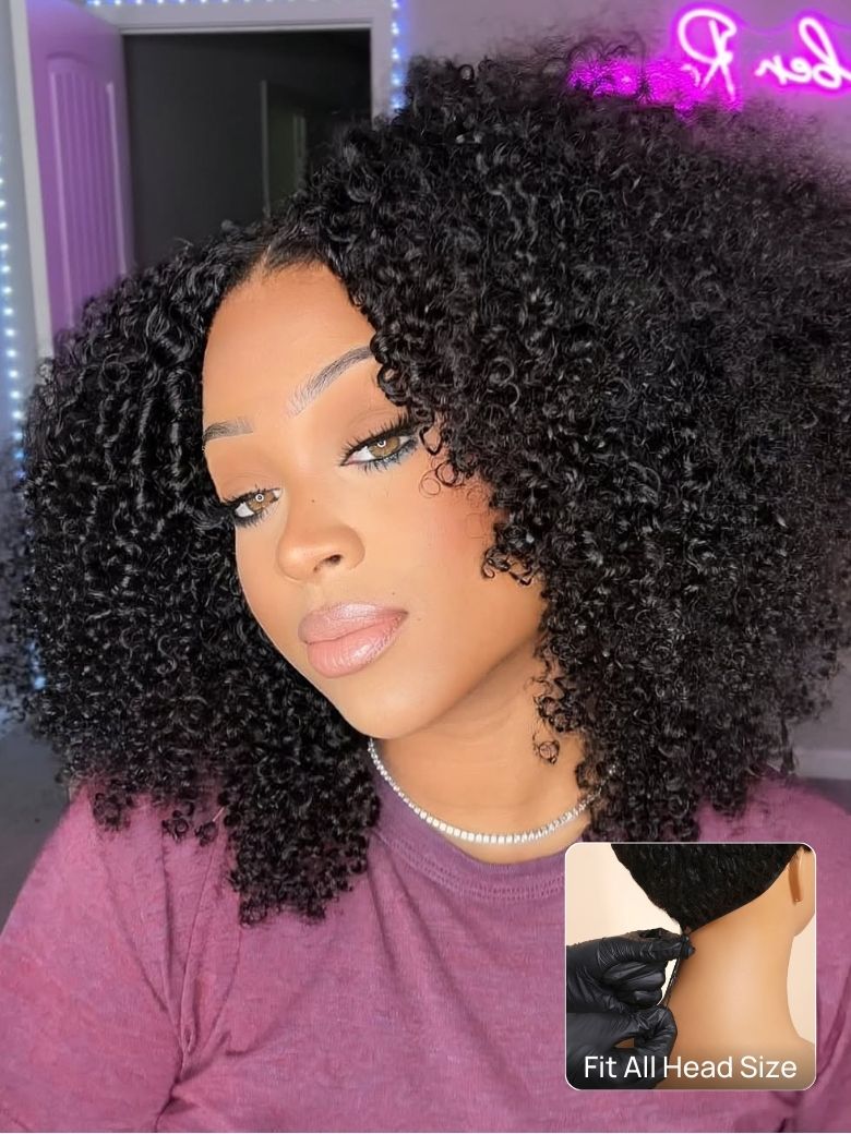 Flash Sale Afro Kinky Curly Pre-Styled Finger Coils EasiContour™ V Part Wig With Invisi Drawstring Sunber