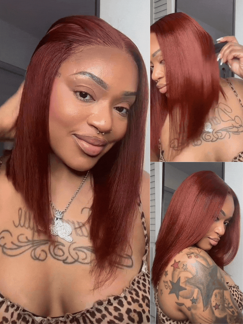 Sunber 7x5 Pre Cut Lace Reddish Brown Yaki Straight Bob/Jerry Curly Bye Bye Knots Gluelesss Invisible Knots Wig With Invisi Drawstring Flash Sale