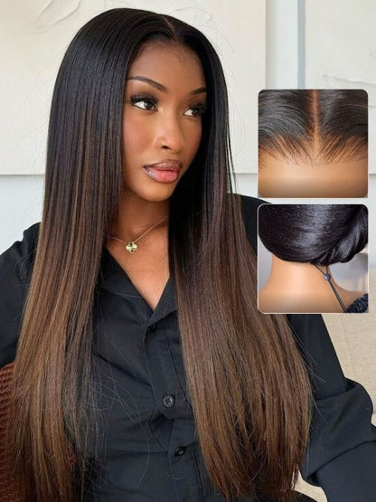Sunber 7x5 Glueless Lace Black to Chestnut Brown Ombre Yaki Straight Wig With Bleached Knots Flash Sale