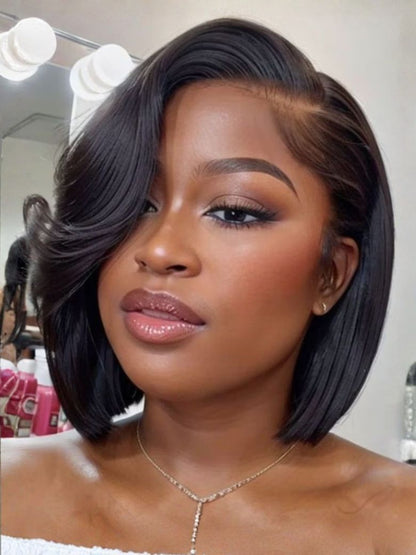 Sunber 7x5 Pre Cut Rachel-Inspired Blunt Layered Shoulder-Length Silky Straight Bob Lace Wig With Side Part Bangs Flash Sale