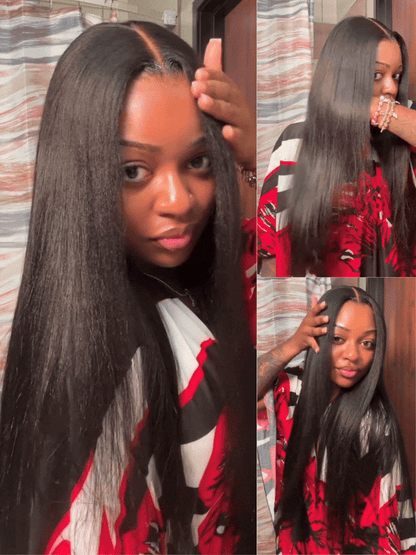 Sunber Yaki Straight 7x5 Glueless Lace Wig With Elastic Drawstring -Pull And Go &amp; Bleach Knots &amp; Pre-cut