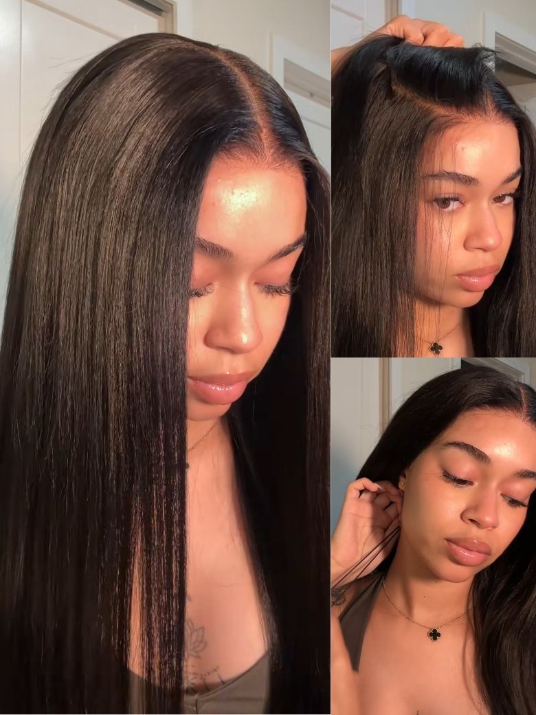 Sunber Yaki Straight 7x5 Glueless Lace Wig With Elastic Drawstring -Pull And Go &amp; Bleach Knots &amp; Pre-cut
