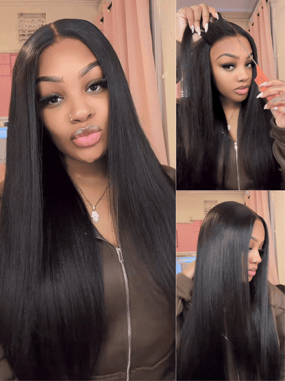 Sunber Yaki Straight 7x5 Glueless Lace Wig With Elastic Drawstring -Pull And Go &amp; Bleach Knots &amp; Pre-cut