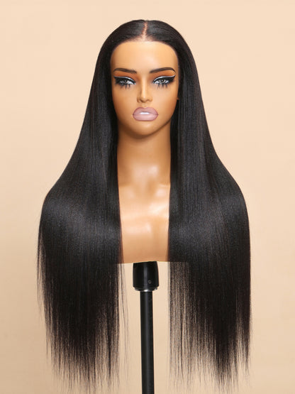 Sunber Yaki Straight 7x5 Glueless Lace Wig With Elastic Drawstring -Pull And Go &amp; Bleach Knots &amp; Pre-cut