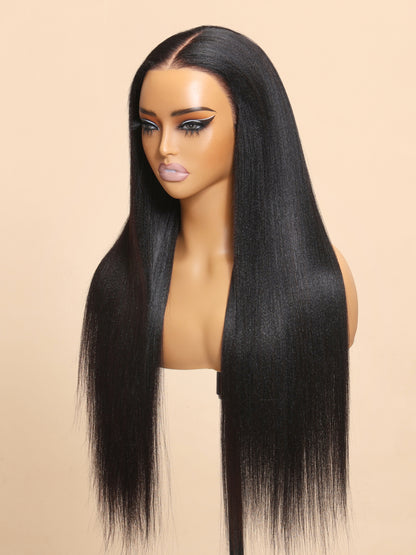 Sunber Yaki Straight 7x5 Glueless Lace Wig With Elastic Drawstring -Pull And Go &amp; Bleach Knots &amp; Pre-cut