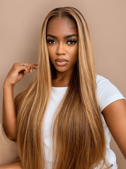 【24"=$99】Sunber Undetectable Skin Melt Lace Part Wig Straight Honey Highlight Wig Flash Sale